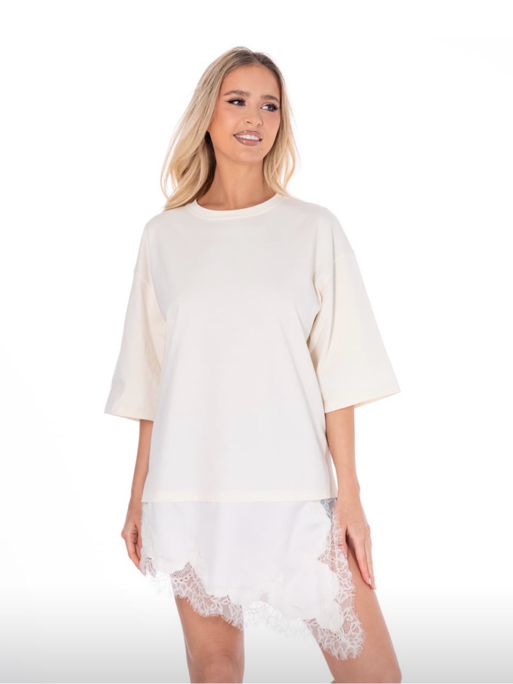 Luxe Beige Lace Hem Oversized Mini Dress